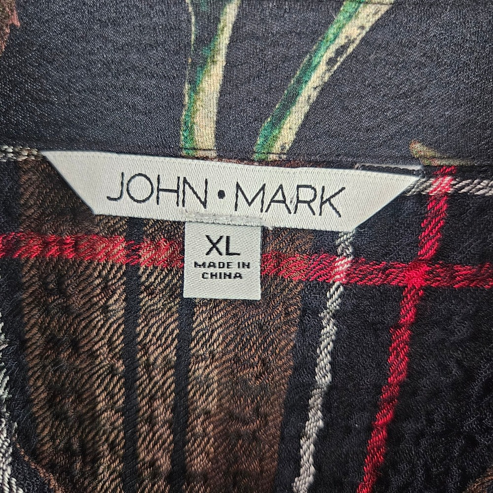 John Mark Womens XL Plaid Floral Mixed Media Button Down Shirt Textured Top Brwn - Picture 5 of 11